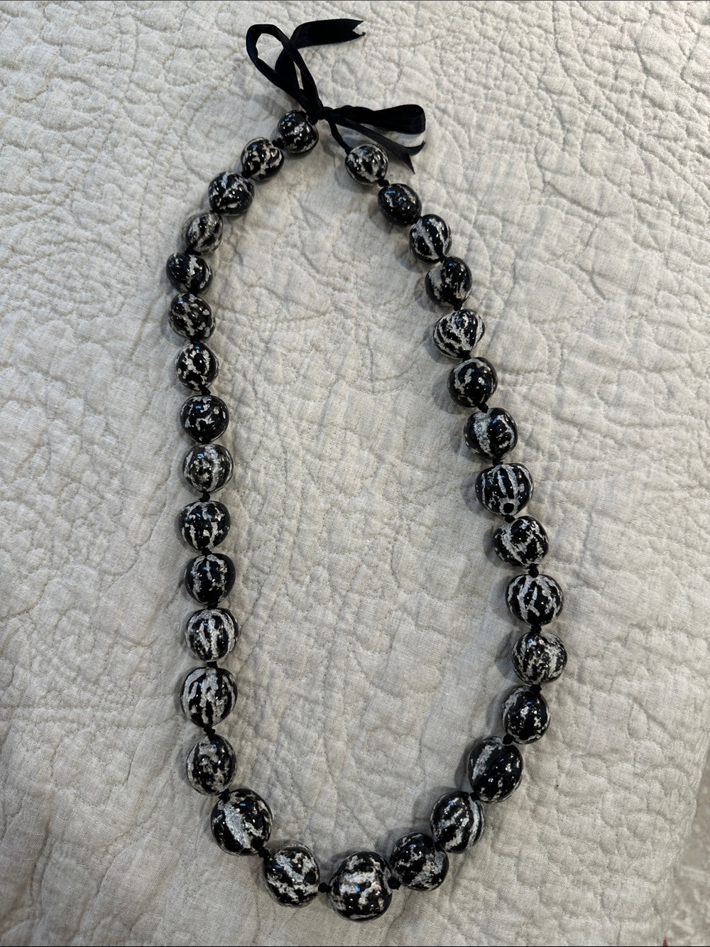 Black and White carved kukui nut  Ribbon-Tie Necklace